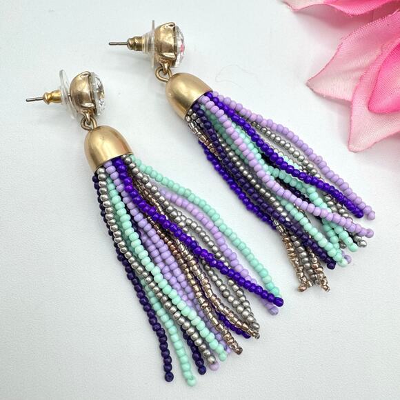 J.Crew Crystal Beaded Tassel Earrings Blue Teal Gray Lavender Flirty Fun Signed - Picture 4 of 8